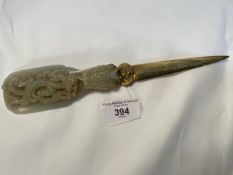 19th/20th cent. Chinese jade handled knife carved dragon in relief, yellow metal blade with bamboo