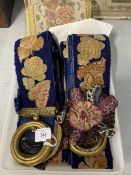 19th cent. Embroidery English woolwork bell pull, cobalt blue ground with rose decoration silk