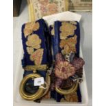 19th cent. Embroidery English woolwork bell pull, cobalt blue ground with rose decoration silk