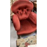 19th cent. Upholstered ladies button back short armchair, carved knurled feet shaped back support.