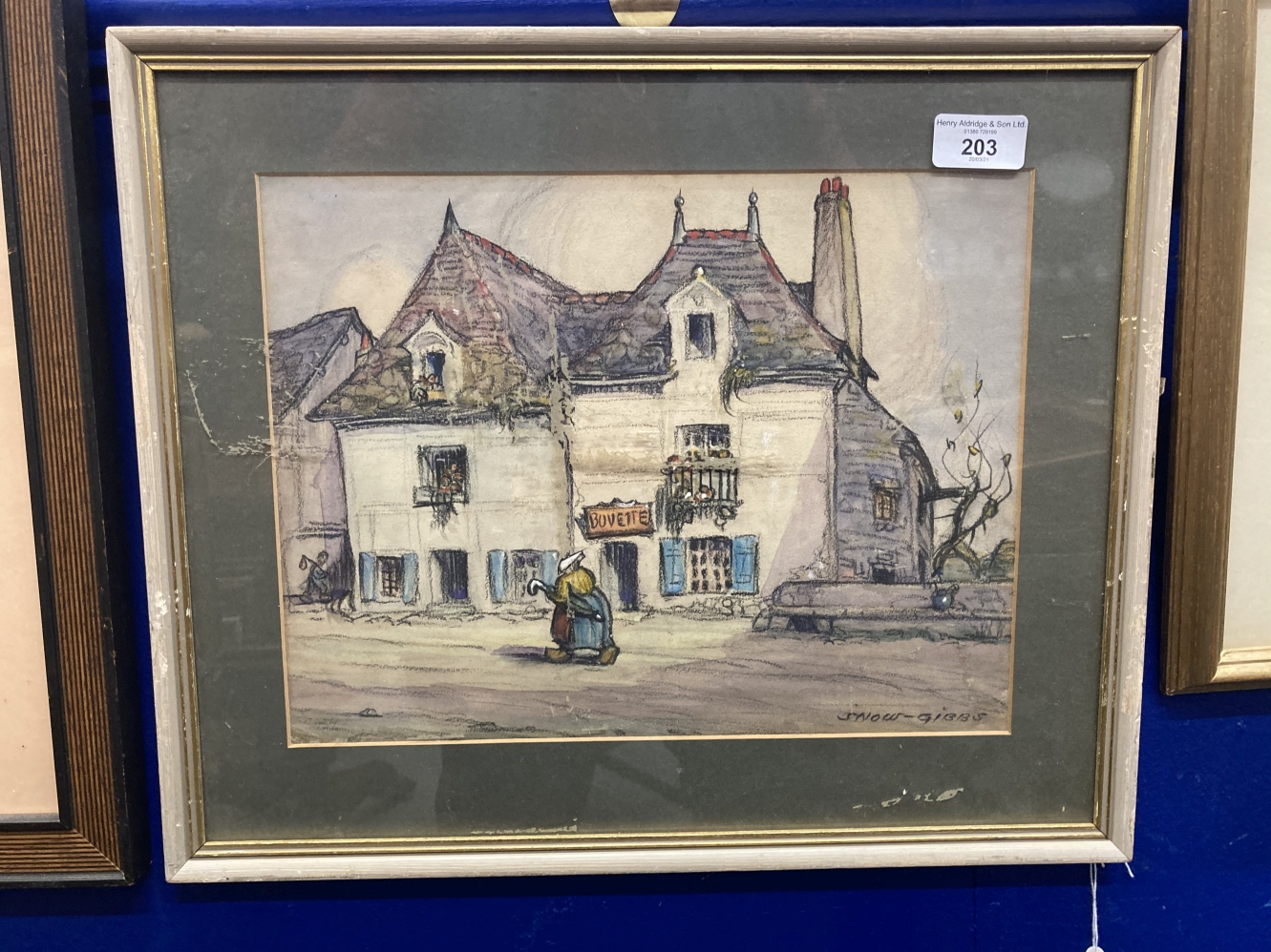 Snow Gibbs (1882-1970): Pastel Continental street scene, signed lower right, framed and glazed. 12½