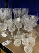 20th cent. Glass: Edinburgh Crystal thistle sherry glasses x 9, Champagne flutes x 5, and liqueur