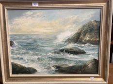 British School: 20th cent. Oil on canvas of a seascape, signed lower left MM, Framed. 24ins. x 17½