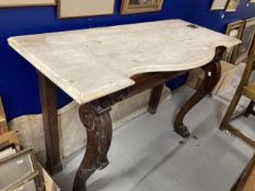 19th cent. Rosewood consul table shaped paw supports, white marble top. 48ins. x 21ins. x 32ins.
