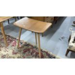 1960s Ercol teak writing table on tripod tapering supports, with makers trademark. 28ins. x 20ins. x
