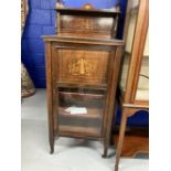 Edwardian rosewood music cabinet with inlaid decoration motif above, glazed. 21½ins. x 52ins high
