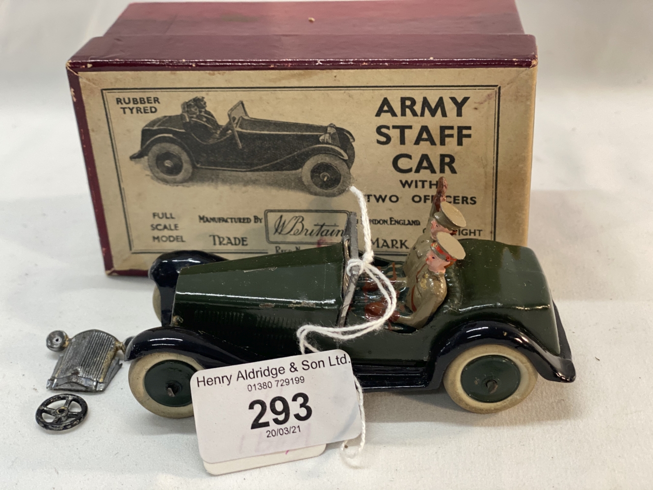Military Toys: W. Britain, Staff Car military green car with two staff officers, white rubber tyres, - Image 2 of 3