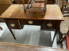 19th cent. Hepplewhite style mahogany lowboy, central drawer flanked by two square drawers, brass