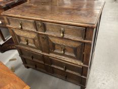 18th cent. English oak geometric chest of four drawers. Four moulded drawers with brass pear drop