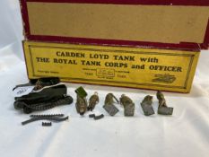 Military Toys: W. Britain, Carden Lloyd tank, with five Royal Tank Corps soldiers, officer, two