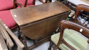 19th cent. Oak gate leg dining table on turned supports, drawer beneath. 45ins. x 35ins. x 29½ins.