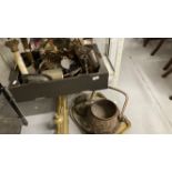 19th/20th cent. Metalware: Copper preserve pan, copper bowl, iron and brass candlesticks, column