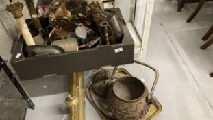 19th/20th cent. Metalware: Copper preserve pan, copper bowl, iron and brass candlesticks, column