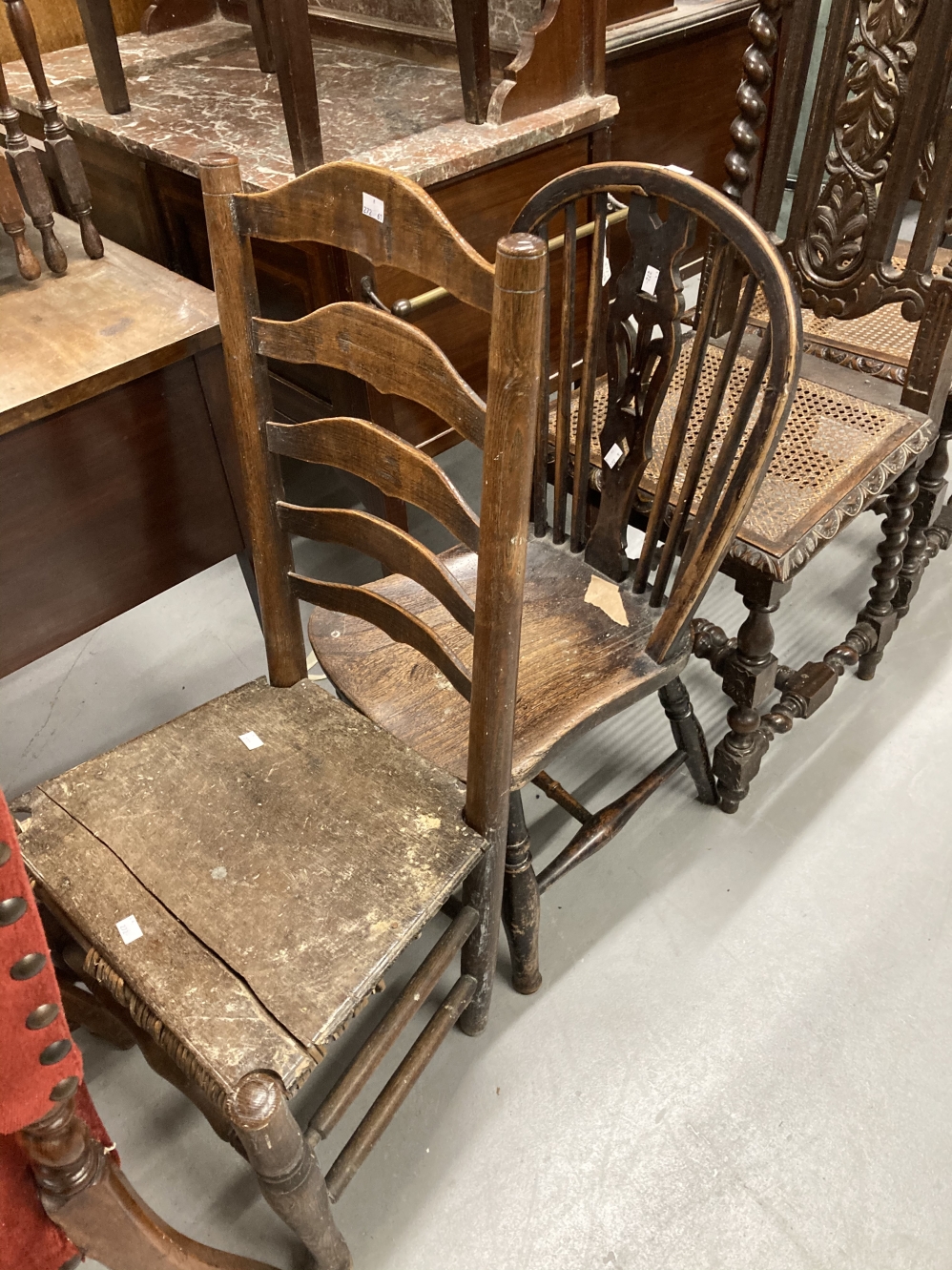 19th cent. Oak Carolean style carved chairs, wicker seats open back, barley twist supports and legs, - Image 3 of 3