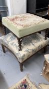 19th cent. Two large mahogany footstools with floral cushioned upholstery.