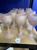 20th cent. Glass: Rueven art glass, frosted pink stem wine glasses x 12. 1 A/F chip to base.