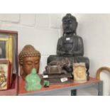 Oriental: Deity figurines to include, large treen Buddha 19ins, plus miscellaneous treen