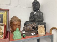 Oriental: Deity figurines to include, large treen Buddha 19ins, plus miscellaneous treen