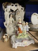 19th cent. Staffordshire Flatbacks: The Fortune Teller 12ins, Farmer and his Wife 13ins. x 2 (A/