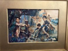 E. Smith (possibly Edith Hackstall Smith): 19th cent. Watercolour on paper of two boys tormenting