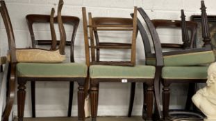 19th cent. Rosewood chairs (4) with fluted legs and green upholstery, plus two mahogany salon