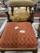 Footstools: Three 19th cent. One later rectangular shaped, all with mahogany bases/supports and