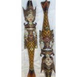 20th cent. Decorative Thai/Bali treen carved and painted figures. Length 40ins. Plus painted tin