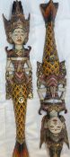 20th cent. Decorative Thai/Bali treen carved and painted figures. Length 40ins. Plus painted tin