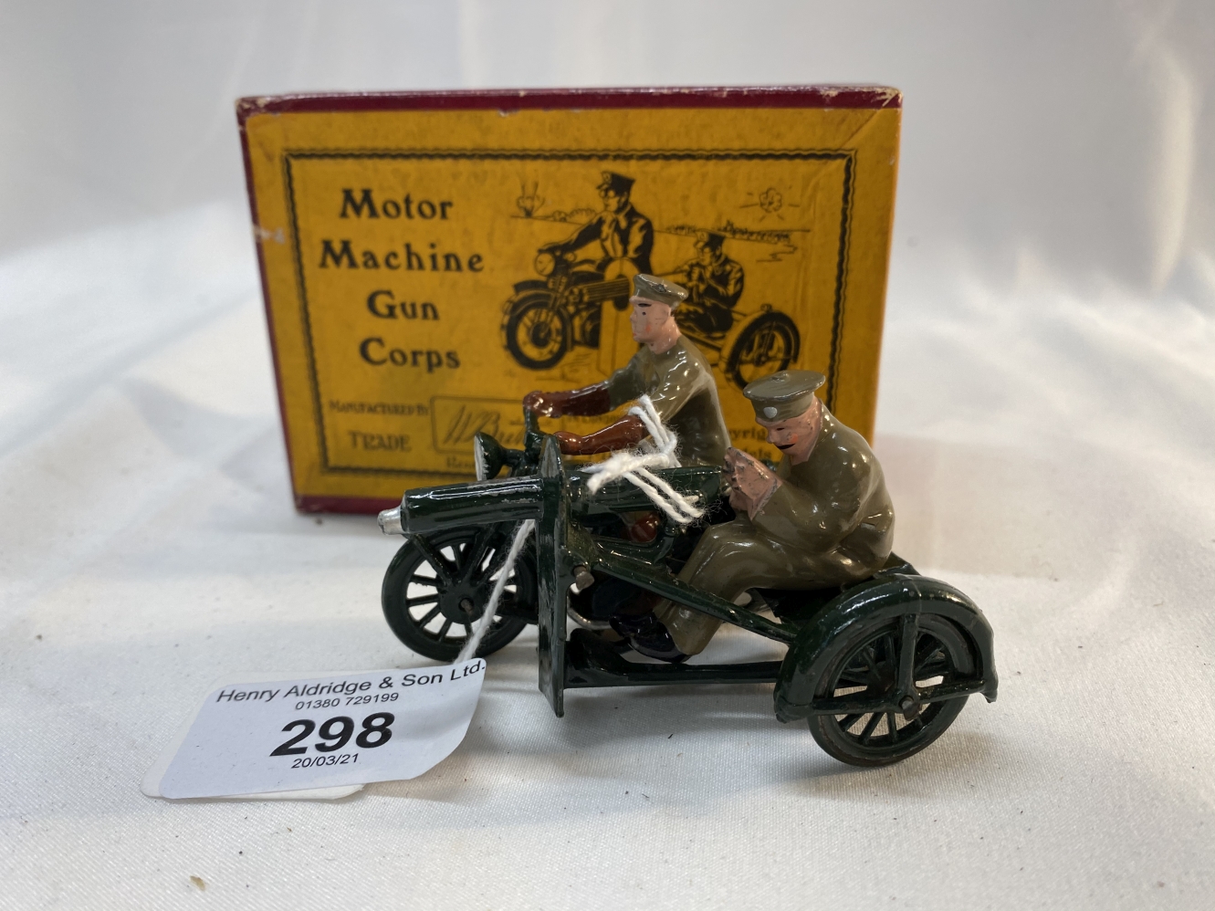 Military Toys: W. Britain, motor machine, Gun Corps, with rider and gunner, military green, post-war