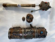 20th cent. Tibetan prayer wheel copper head 12ins. Copper and white metal scroll holder 8ins. Copper