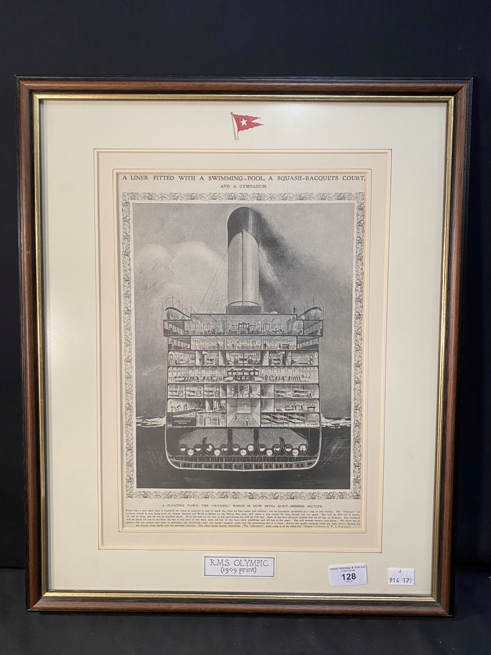 R.M.S. OLYMPIC: Period cross sectional print showing Titanic's sister, circa 1909, framed and