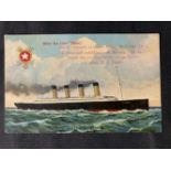 R.M.S. TITANIC: Pre-maiden voyage postcard with later overprint giving details of the disaster,