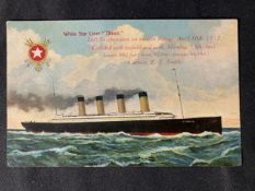 R.M.S. TITANIC: Pre-maiden voyage postcard with later overprint giving details of the disaster,