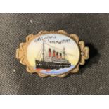 CUNARD: Rare Cunard R.M.S. Lusitania post-sinking memorial brass and enamel pictorial brooch, enamel