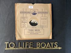 OCEAN LINER: Brass 'To The Lifeboats' sign, 20ins. Plus a 78rpm record Be British and Stand to