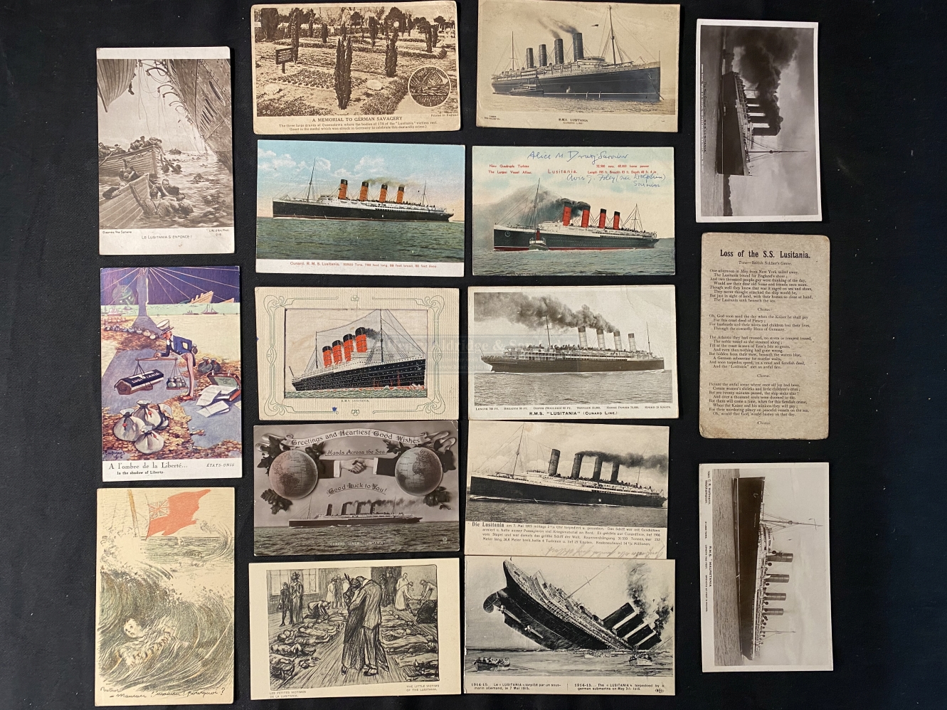 CUNARD: R.M.S. Lusitania postcards to include unusual bas-relief and an example signed by