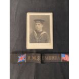 OCEAN LINER: Cunard Line R.M.S. Umbria gala night ribbon, plus a photo postcard of a young Cunard