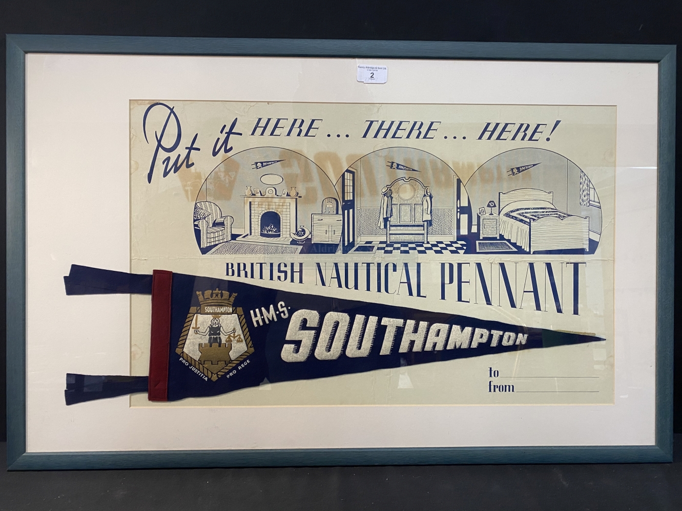MARITIME: H.M.S. Southampton British nautical pennant, framed and glazed, formerly the property of