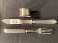 WHITE STAR LINE: Elkington plated First-Class knife, fork, and napkin ring, (3)