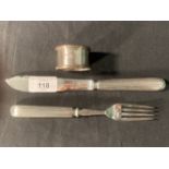 WHITE STAR LINE: Elkington plated First-Class knife, fork, and napkin ring, (3)