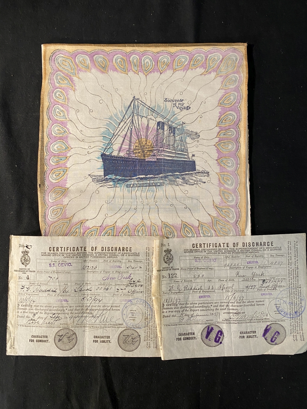 OCEAN LINER: S.S. Pittsburgh fabric napkin 'Souvenir of My Voyage' 10½ins. x 10½ins. Plus a pair