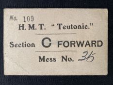 WHITE STAR LINE: Rare H.M.S. Teutonic mess card. 3½ins. x 2½ins.