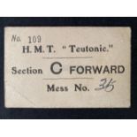 WHITE STAR LINE: Rare H.M.S. Teutonic mess card. 3½ins. x 2½ins.