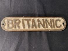 WHITE STAR LINE/M.V. BRITANNIC: Rare brass lifeboat name plate 'Britannic' in relief. 11ins.