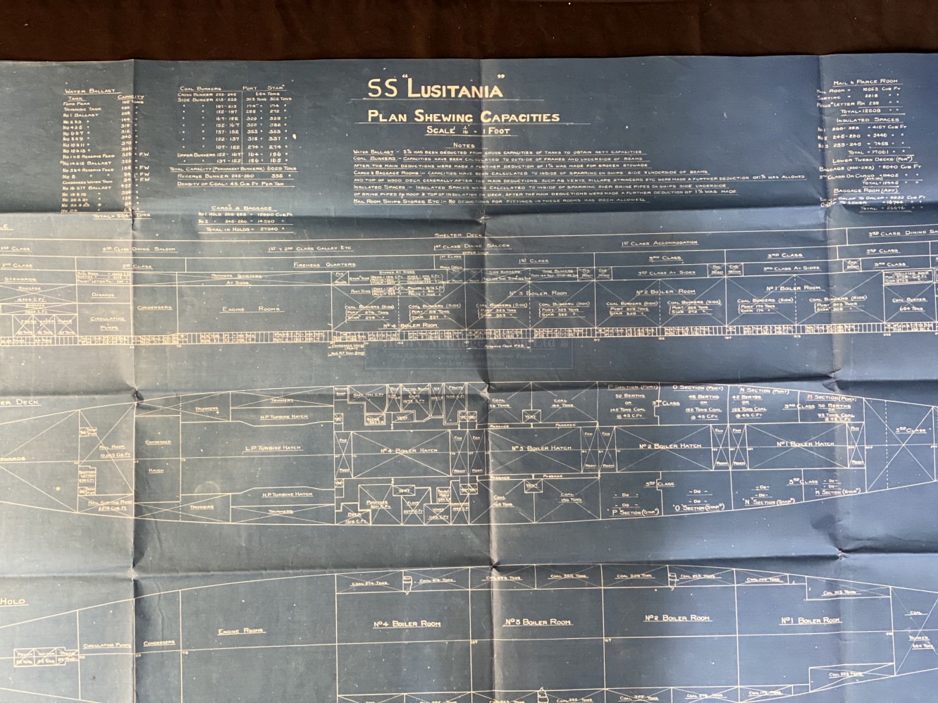 R.M.S. LUSITANIA: An extremely rare blueprint of the S.S. Lusitania titled 'Plan Shewing