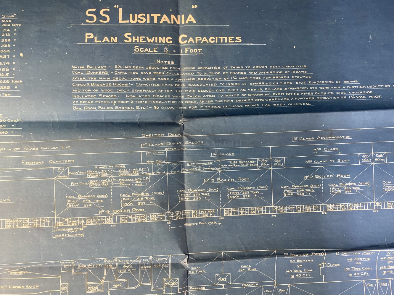 R.M.S. LUSITANIA: An extremely rare blueprint of the S.S. Lusitania titled 'Plan Shewing - Image 2 of 2