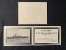OCEAN LINER: Empress of Ireland In Memoriam mourning card with original black bordered envelope. (