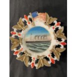 R.M.S. OLYMPIC: Unusual milk glass souvenir plate bordered with the stars and stripes, plus American