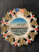 R.M.S. OLYMPIC: Unusual milk glass souvenir plate bordered with the stars and stripes, plus American