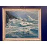 Cornish Primitive School: Alfred Drew oil on board Cornish coastal scene. 29ins. x 20ins. Plus one